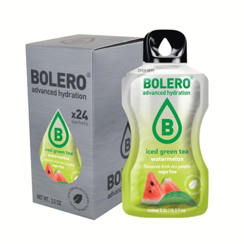 Bolero ICED GREEN TEA WATERMELON 24x3g | Saftpulver ohne Zucker, gesüßt mit Stevia + Vitamin C | geeignet für Kinder, Sportler und Diabetiker | glutenfrei und veganfreundlich | Wassermelonengeschmack