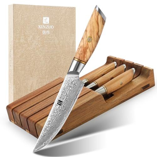XINZUO Juego de 5 Cuchillos de Bistec -73 Capas de Acero Damasco Cuchillo de Carne Premium Cuchillo de Mesa Afilado Hoja Recta -Mango de Madera de Olivo -con Bloque Portacuchillos para Cajones