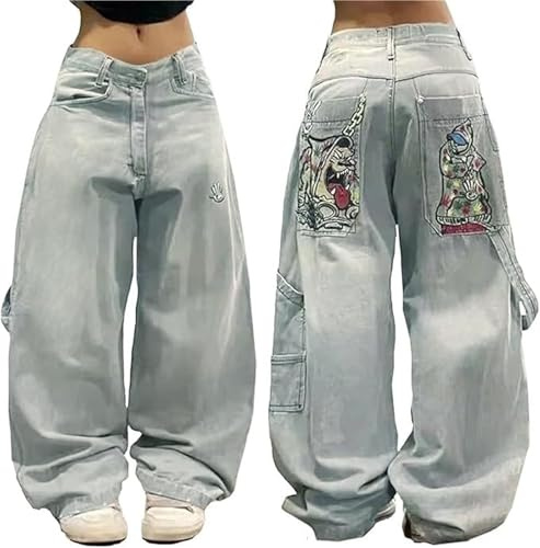 Baggy Jeans Women Men Hip Hop Goth Street Y2k Jeans with Skeleton Print Vintage High Waist Denim Wide Leg Pants Street Wear(Color-2,Small)