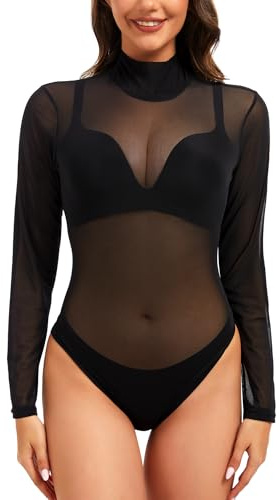 Kiiwah Body Transparente Mujer Manga Larga, Sexy Mujer Body con Cierre de Broche en la Entrepierna Mesh Top Cuello Alto Camiseta Negra Camisetas Transparentes para Discotecas, Fiestas y Citas