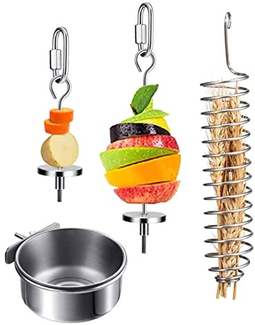Geavonyg De Nourriture pour Oiseaux Jouets Recherche Nourriture Perroquets Cage Suspendue Bol en Acier Inoxydable Panier À Brochettes Friandises Conures Brochette