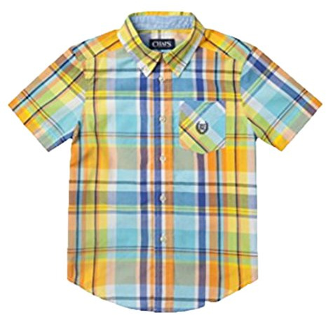 Chaps Boys' Plaid Woven Short Sleeve Button Down, Orange (4)