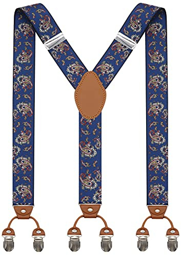 Bioterti Men’s Y-Shaped Heavy Duty Suspenders – 6 Metal Clips, Elastic Straps (Navy Paisley)
