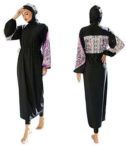 Odizli Burkini Mujer Musulmana Manga Larga Tops Largos+Schwimmhose+Gorro de Natación 3 Piezas Islámico Traje de Baño de Cuerpo Completo Modest, 1#negro, M
