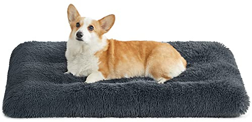 Feandrea Hundebett, Hundekissen, Flauschige Hundematte, Langer Plüsch, 95 x 60 cm, weiche Polsterung, maschinenwaschbar, multifunktional, dunkelgrau PGW202G02