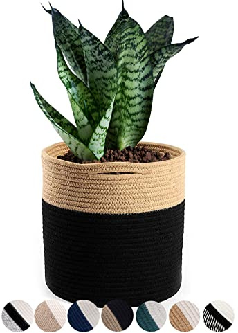 Oradrem Woven Cotton Rope Plant Basket for 10.5 Flower Pot Floor Indoor Planters Flower Pot, Home Decor Storage Organizer H11 x W11 Black&Brown