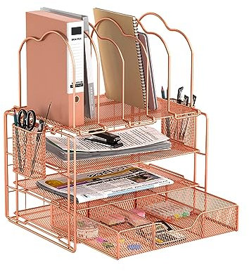 Caluself Schreibtisch Organizer mit Schubladen, 4 stufiger Schreibtisch Akten-Organizer,Multifunktionaler Schreibtisch Organizer mit 5 Vertikalen Aktenhaltern 2 Stifthaltern für Büro(Roségold)