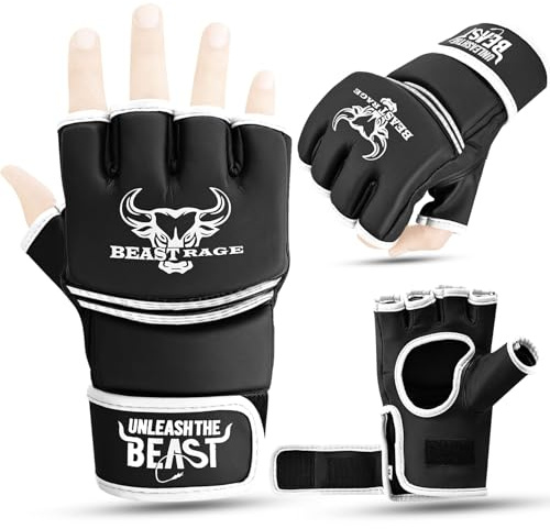 BEASTRAGE Gants MMA pour Hommes et Femmes, Gants d'arts Martiaux, Paume ventilée, Cuir Vegan, Combat en Cage, Muay Thai, Kick Boxing, Punching Bag, Boxe, Kickboxing (S, Blanc)