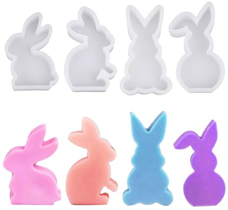 XQMMGO 4 stampi in silicone a forma di coniglio pasquale, in silicone, per Pasqua, per candele fai da te, gesso, artigianato, decorazione pasquale