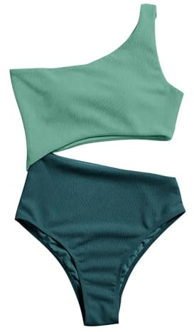 Maillot de bain taille haute à deux épaules dénudées pour femme - Haut push-up - Couverture complète - Bas de bikini à volants, Vert, L
