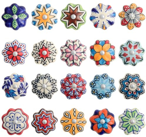 GlobeeCraft Boutons de Meubles de Céramique Vintage - Boutons de Porte Cuisine, Commode, Tiroir, bouton de meuble Enfant - Boutons de Meubles en Vintage coloré. 20 pièces facile à assembler
