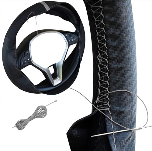 Xkeribom Lenkradbezug zum Schnüren Lenkradhülle Carbon Look Leder 12 Uhr Schwarz GRAU Naht