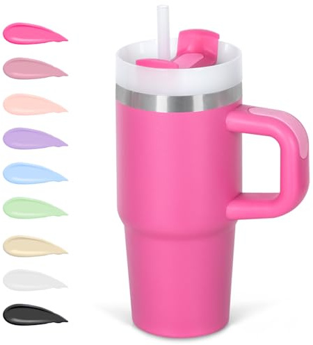 Cosictic 14 Oz Tumbler with Handle and Straw for Kids, Stainless Steel Double Wall Vacuum Insulated Cup for Children, 14 Oz Cups for Kids (Hot Pink)
