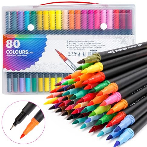Zhufas Dual Brush Pen Set 80 Farben,Pinselstifte Set mit Tragetasche,Filzstifte Doppelseitig,Filzstifte Dicke und Dünne,Stifte für Bullet journal, Kalligraphie, Manga, Malbücher und Handlettering