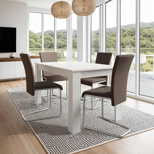 FURNCO | Dining Table - Corwin DT, 140x80x75 cm | Sturdy and Stable Wooden Table for 4-6 People | For Dining Room, Home, Office | White (chairs not included)