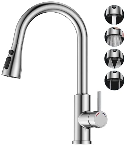 SREWOHS PRO Kitchen Mixer Tap Brushed Stainless Steel – Pull-Out Spray Hose, 4 Spray Modes, 360° Swivel, High Arc, Single Lever, 1-Hole Installation, Nickel