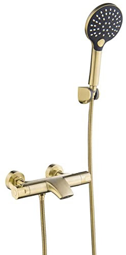 FLUXGOONE Thermostatic Shower System Brass Brushed Gold Bathtub Faucet Set Wall Mounted Tub Filler Faucet with Handheld Shower Bathroom Hot and Cold Bath Mixer Tap