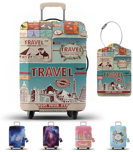 JJ PRIME Housse de valise avec étiquette de bagage | Protection de bagage | Housse de protection de valise avec fermeture éclair – Housse de protection pour bagages (Thème Voyage, L)