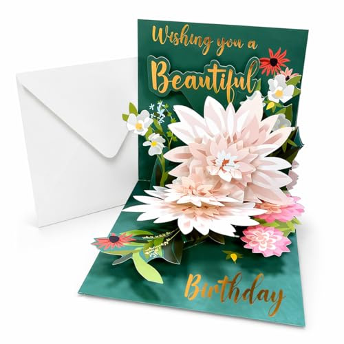 Pop Up Birthday Cards for Women - 3D Lotus Flower Happy Birthday Cards with Envelope - Premium Keepsake Greeting Card Set for Mum, Wife, Sister, Friend, Elegant Birthday & Anniversary Card