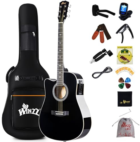 Winzz 4/4 Guitarra electroacústica, juego de guitarra western para zurdos, para principiantes adultos, guitarra acústica de 104 cm con ecualizador de 4 bandas (Dreadnought, negro brillante)