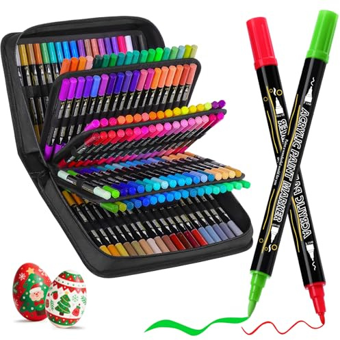Tongfushop 144 Colors Acrylic Paint Markers, Dual Tip Acrylic Paint Pens for Rock Painting, Canvas, Wood, Stone, Glass, Ceramic, DIY Crafts, No Bleed Art Markers with Case for Artists & Adult