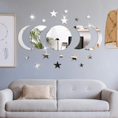 20 Pack Self-Adhesive Acrylic Mirror Wall Decals Moon and Star Shapes Bohemian DIY Wall Art Stickers for Living Room Bathroom Bedroom Office Home Decorations