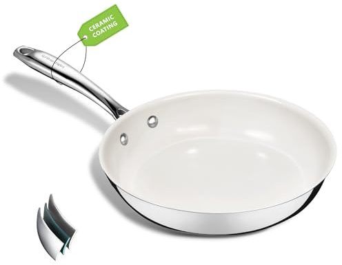 SAKAMOSH 8 Inch Nonstick Ceramic Frying Pan, Tri-Ply Stainless Steel Skillet with Stay-Cool Handle, PFAS/PFOA/PTFE Free, No Seasoning Required, High Heat & Induction Safe, Dishwasher/Oven Safe