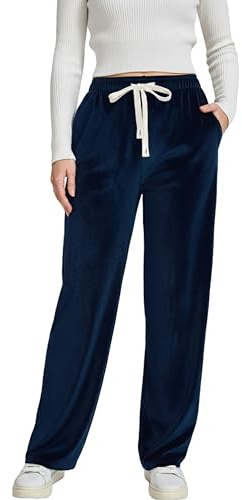 Oppchy Women's Velour Pant Lounging Comfy Velvet Sweatpant High Waisted Elastic Drawstring Straight Leg with Pockets ﻿ Navy Blue