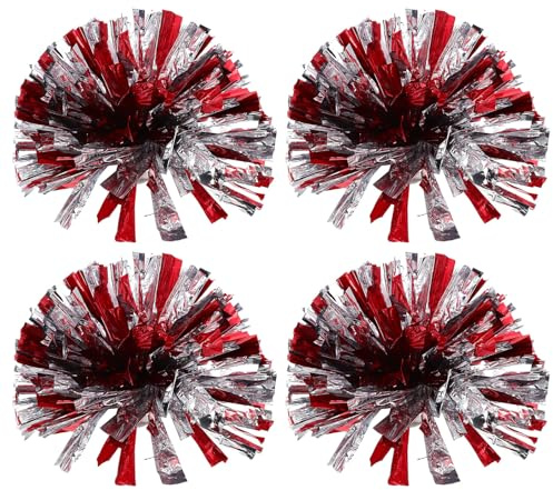 HONITANO 4 Piezas Pompones Porristas Metálicos Rojo y Plata Flores Animadoras Portátiles para Actuaciones Deportivas de Accesorios para Animación y Baile