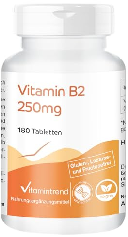 Vitamintrend Vitamine B2 Riboflavine 250 mg, 180 comprimés, facile à avaler, 250 mg par comprimé, hautement dosé, complément alimentaire vegan sans stéarate de magnésium, fabriqué en Allemagne