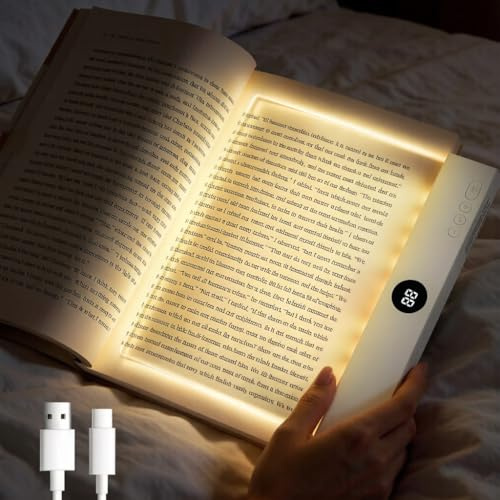 Luce per libro piatta, ricaricabile a LED, luce notturna per libri a letto, luce chiara per pagina intera con 3 colori e timer, dimmerabile, trasparente, lampada intelligente per libri, regalo per