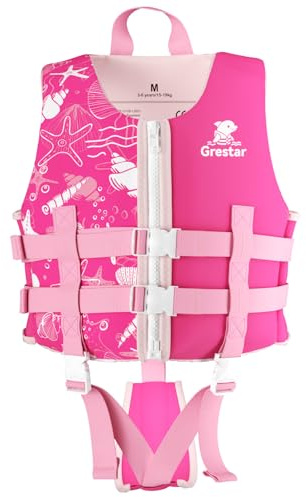Swim Jacket for Kids – Child Shark Design Floatation Vest, Navy Blue, Neoprene, Buoyancy Aid With Zipper Closure, Rose Pink, L (6-9 Years)