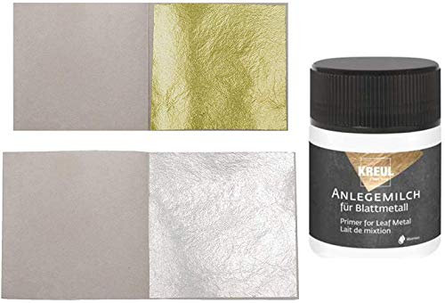 10 Blatt 23 Karat Echtes Blattgold 3,8 x 3,8 cm zum Vergolden + 10 Blatt Echt Blattsilber 5 x 5 cm + 1x Kreul Anlegemilch 50ml