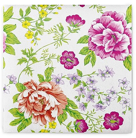 Sovie HOME Serviette ENNA, Linclass Airlaid, 40x40 cm, 1/4 Falz, 12 Stück, Pfingstrosen Design in Rosa Lila Grün für elegante und festliche Tischdekoration