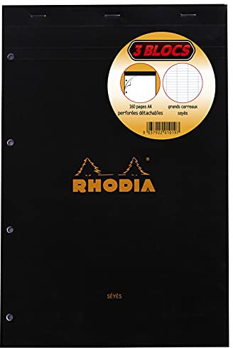 RHODIA 201019C - Lot de 3 Bloc-Notes Agrafés N°20 Black/Orange - A4+ 21 x 31,8 cm - Grands Carreaux Seyès - 80 Feuilles Détachables Perforation 4 Trous, Papier Clairefontaine Blanc 80 g/m -