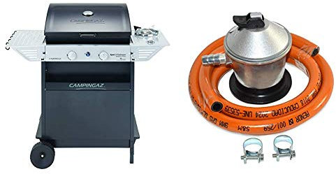 Campingaz Xpert 200 LS Rocky Barbacoa gas piedra volcanica, parrilla gas con 2 quemadores compactos, 8.2 kW + S&M 321771 Regulador de Gas Butano Goma M + 2 Abraz, Gris/Naranja, 1,5 metros de tubo