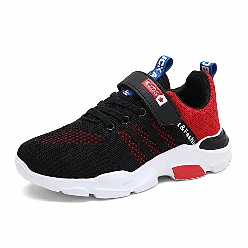 Zapatillas Deportivas Niño Zapatillas de Deporte para Niño Running Fitness Correr Atletismo Caminar Andar Gimnasia Ligero Malla Transpirable, Negro Rojo, Talla 31