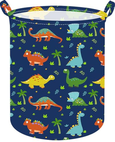 ACMUUNI Cesto portabiancheria rotondo in tela con dinosauro blu scuro