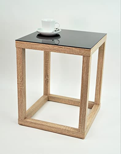 freeroom24, Beistelltisch, Wohnzimmertisch, Couchtisch, Coffee Table, Kaffeetisch, Blumenhocker, Blumensäule, Cube, Holzoptik Sonoma Eiche Nachbildung, Glas schwarz, 40 x 40 x 60cm, Made in Germany