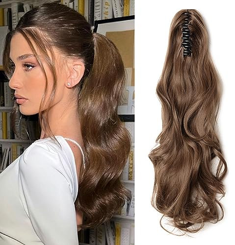 TESS Coleta Postiza Pelo, 45 cm Ondulado Postizos de Pelo Sintetico #12 Mittelbraun Coleta Extensiones con Pinza para Mujeres