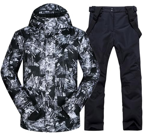 Vestes de Ski et Pantalons de Ski Pour Hommes Costume de Ski Hiver Imperméable et Coupe - Vent Manteau de Neige à Capuche deux Pièces Ensemble de Snowboard 336-Black XXL