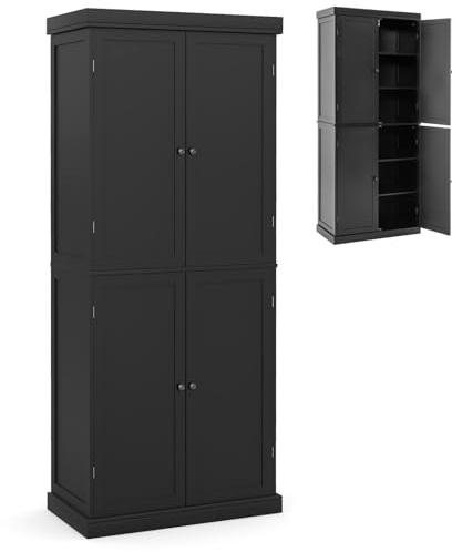 COSTWAY 184cm Tall Kitchen Cupboard, 6 Tiers Buffet Pantry Storage Cabinet with 4 Doors, Adjustable Shelves & Anti-tipping Device, Freestanding Sideboard Organizer for Dining Room (4 Doors, Black)