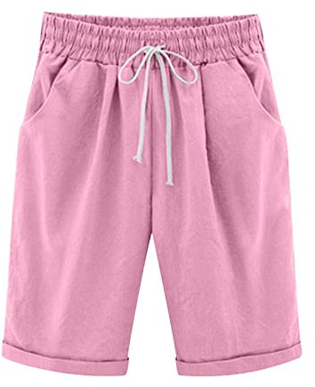 Baumwoll-Leinen-Shorts für Damen, Übergröße, elastisch, hohe Taille, Sommer, lässig, einfarbig, Kordelzug, halbe Hose, weites Bein, locker, gerade, Sport-Shorts mit Taschen, #4 Rosa, 5X-Large