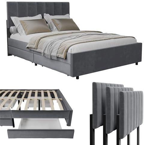 Juskys Samt Polsterbett Soria 140x200 cm mit Lattenrost & Schubladen - modernes Bett - Kopfteil höhenverstellbar - Jugendbett - Doppelbett Grau