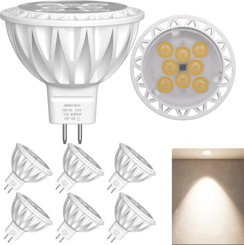 GU5.3 LED 6 Stück, 5W (50W Halogen Äquivalent) MR16 Sockel 12V Strahler nicht dimmbar 38 Grad 450Lm für Landschaft Vertiefung Spur Beleuchtung Decke Innen Außen (5W 4000K Neutralweiß)