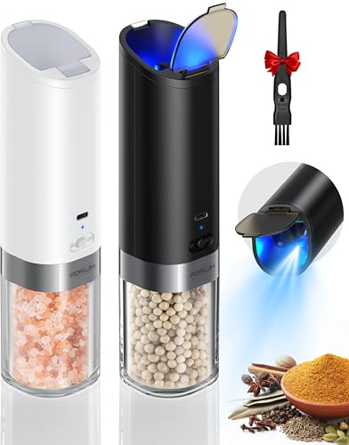 FORLIM Salt and pepper grinder set with integrated dust cover, gravity-operated USB rechargeable pepper mill, adjustable coarseness, portable and suitable for travel and outdoor BBQ (White & Black)