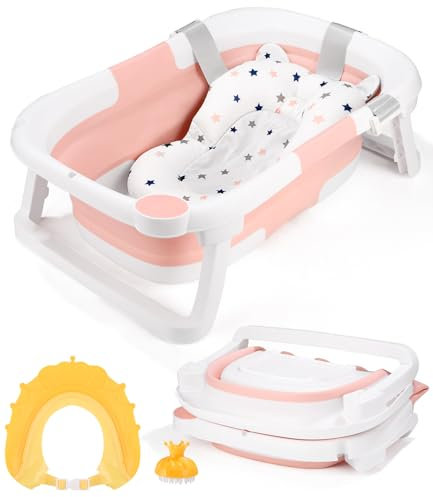 Baignoire Bebe Baignoire Pliable Bébé Baignoire Pliante Portable(Couleur rose),Avec Oreiller de Baignoire, Bonnet de Bain, Brosse de Douche