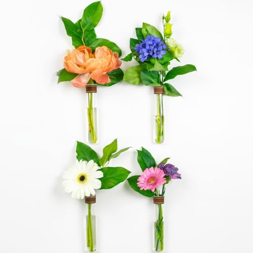 TWILG - Tubos de ensayo para flores con piel color cognack e imán de pared - Juego de 4 - Florero, tubos de ensayo con soporte, tubo de ensayo de pared, jarrón magnético