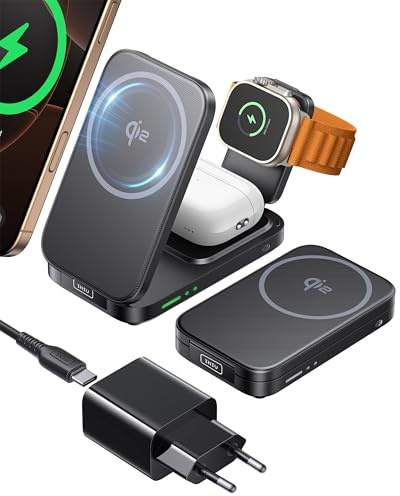 INIU Mag-Safe Ladegerät, 15W Qi2-Zertifiziertes Induktive iPhone Ladestation 3 in 1, Faltbar Wireless Charger for Apple Watch iPhone 17 16 15 14 13 12 AirPods 4 3 2 (mit Adapter)