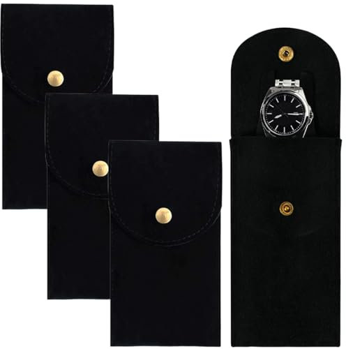 XYTAHDM 3 Pezzi Custodia per Orologio da Viaggio Portatile Orologio Sacchetto, Stoccaggio Orologio Borsa con Bottone A Pressione custodia resistente per Gioielli per viaggi all'aperto (Nero)